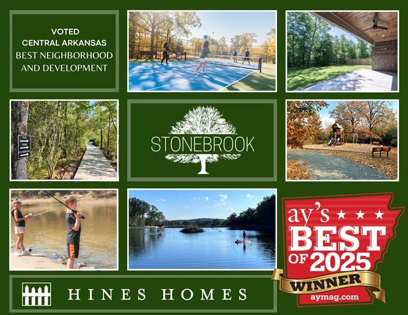 Voted Central Arkansas best neighborhood and development — AY Magazine's Best of 2025 winner. Photos of Stonebrook's pickleball court, walking trail, playground, stocked pond, and a covered patio.